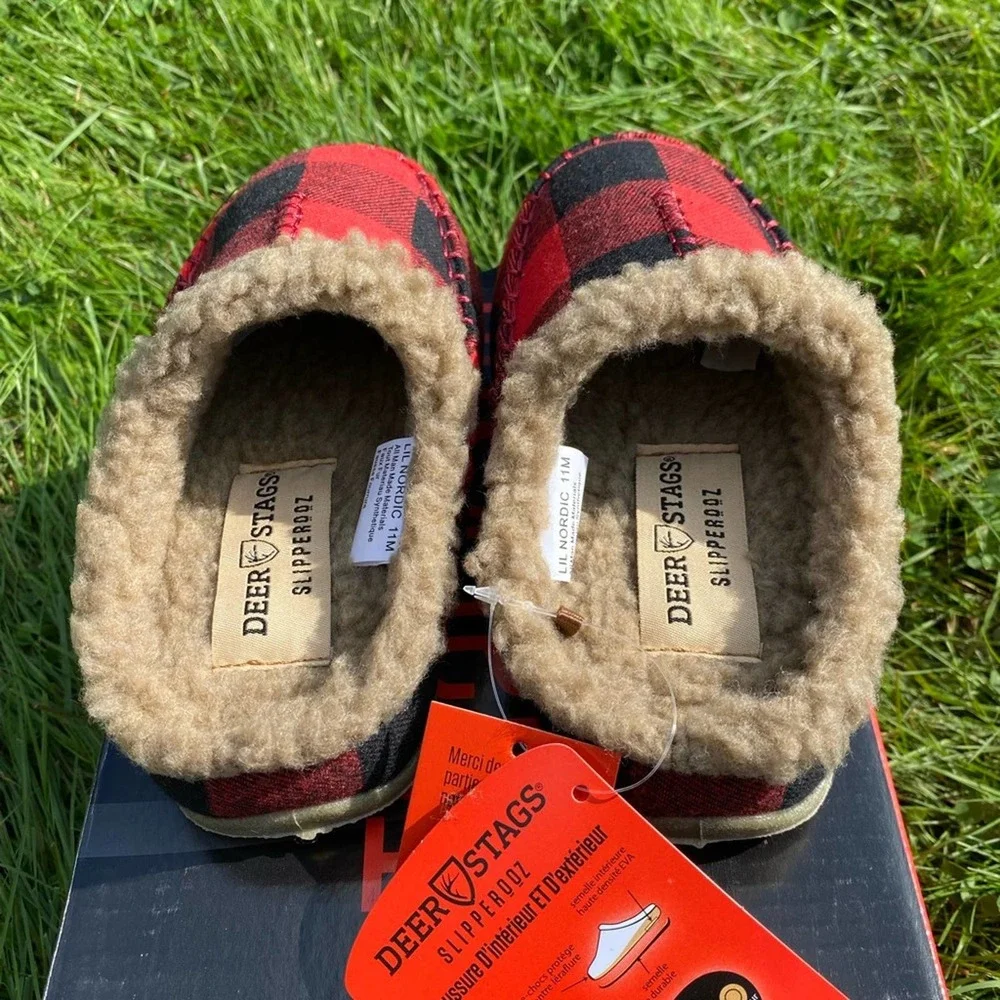 NWT/ NIB Deer Stags Kid's Lil Nordic Buffalo Plaid Faux Shearling Slippers (1)